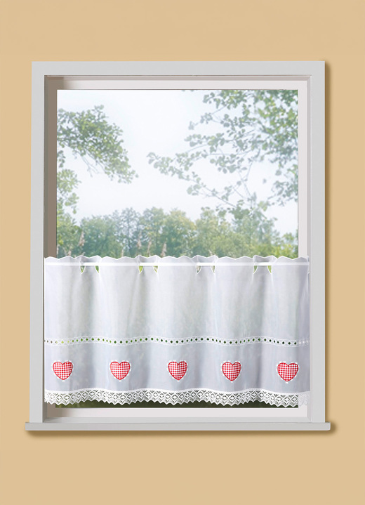 Kurzgardinen - Kurzvorhang mit Macramé-Abschluss und Stangendurchzug, in Größe 661 (H30xB 90 cm) bis 859 (H60xB145 cm), in Farbe WEISS-ROT
