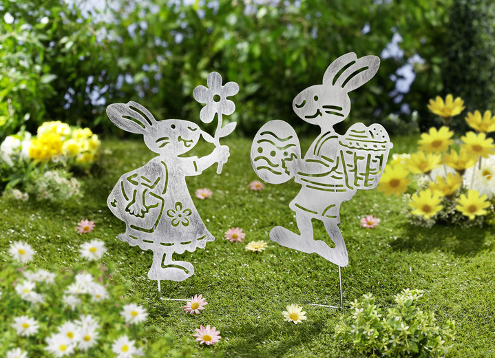 Oster-Dekorationen - Gartenstecker «Hasenpaar», 2er-Set, in Farbe SILBER