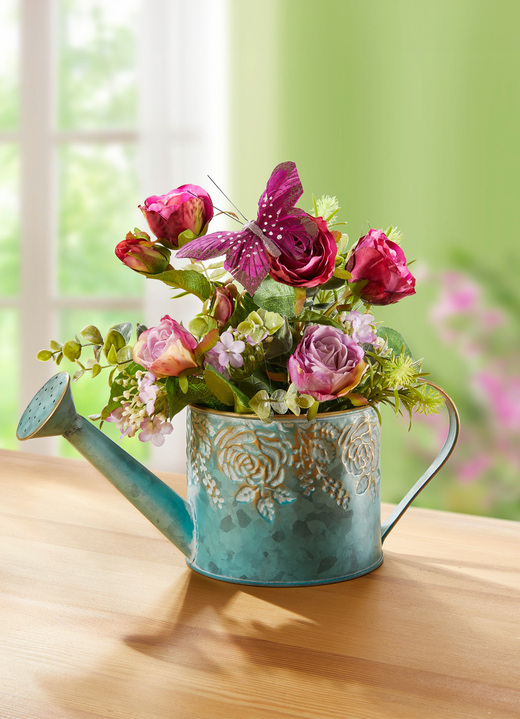 Kunst- & Textilpflanzen - Blumen-Gesteck in Giesskanne, in Farbe BUNT