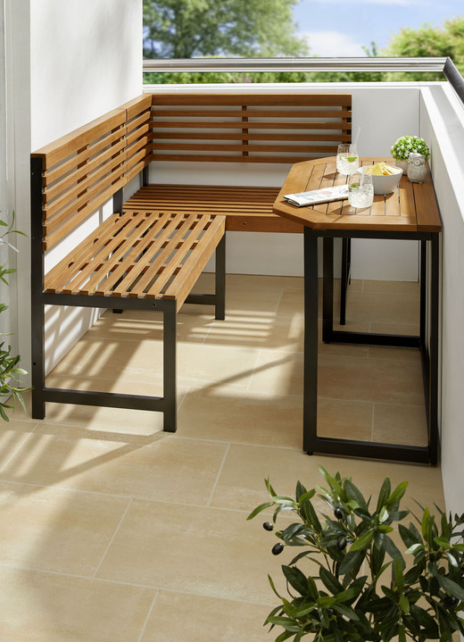 Gartenmöbel - Balkonmöbel aus Akazienholz, in Farbe SCHWARZ-BRAUN, in Ausführung Balkon-Eckbank Ansicht 1