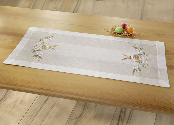 Tischdecken - Bestickte Tisch- und Raumdekoration mit Osterhasen-Motiv, in Größe 102 (Läufer, 40x 85 cm) bis 404 (Kissenbezug, 40x 40 cm), in Farbe SEKT-BUNT Ansicht 1