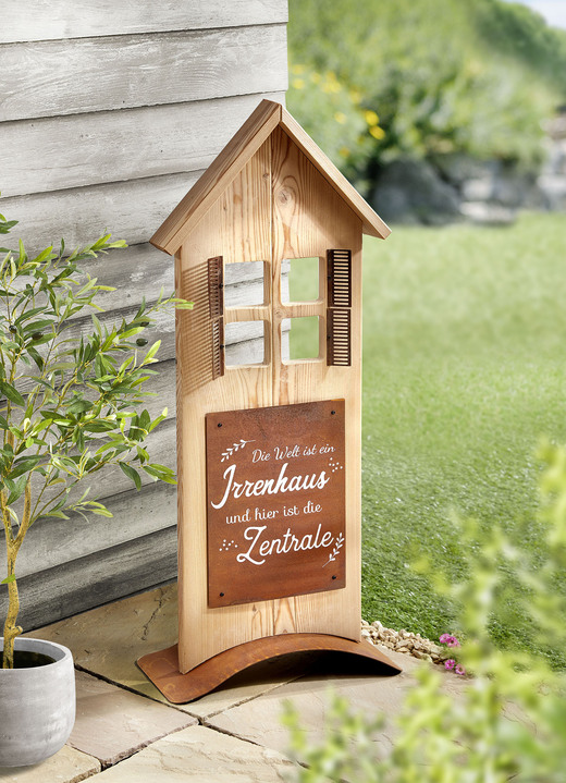 Gartendekoration - Aufsteller Die Welt ist ein Irrenhaus, in Farbe BRAUN