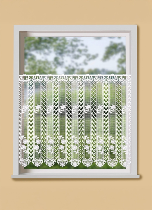 Kurzgardinen - Kurzvorhang in Macramé-Qualität, in Größe 660 (H30xB100 cm) bis 858 (H60xB130 cm), in Farbe WEISS Ansicht 1
