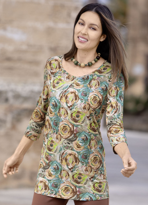 3/4-Arm - Longshirt mit Kellerfalte , in Größe 038 bis 056, in Farbe PETROL-PISTAZIE-BRAUN