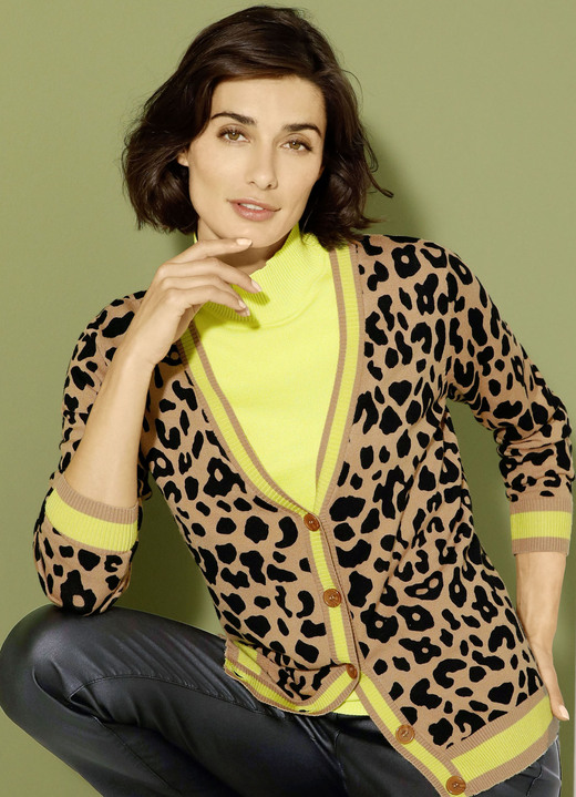 Strickjacken - Strickjacke mit Tierfell-Optik Strickjacken - Strickjacke mit Tierfell-Optik, in Größe 038 bis 052, in Farbe CAMEL-SCHWARZ-LIMETTE