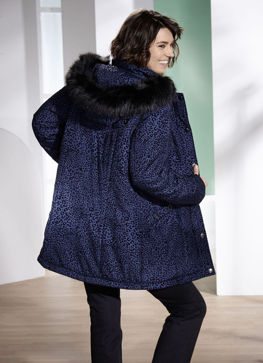 Winterjacken - Longjacke mit Raubtierfell-Dessin Winterjacken - Longjacke mit Raubtierfell-Dessin, in Größe 019 bis 054, in Farbe BLAU-SCHWARZ