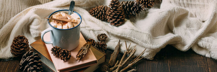 Stimmungsbild mit Heissgetr&auml;nk, Walddekoration und Kuscheldecke