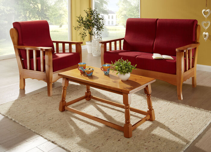 Polsterm&ouml;bel auf massivem Kiefernholz-Gestell HONIG-ROT