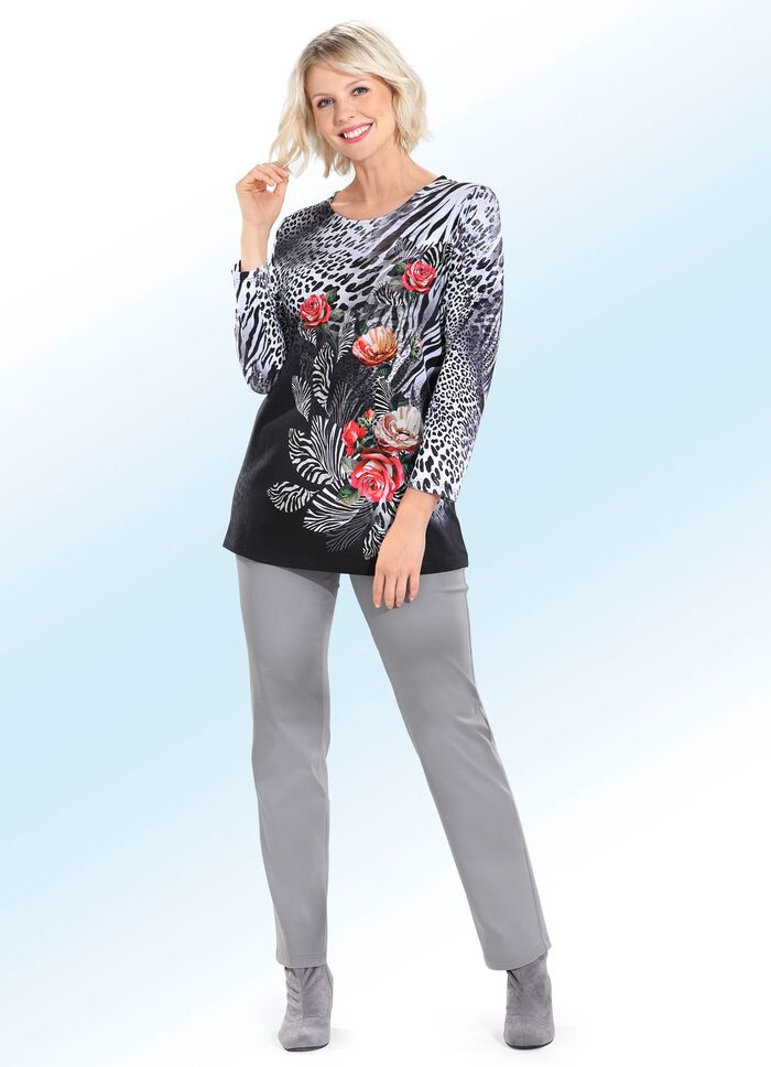 Longshirt in Tierfell- und Floraldessin 