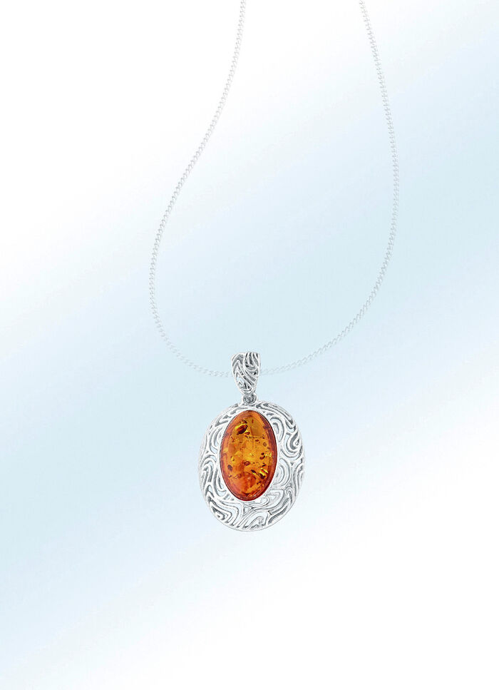 Rhodinierter Anhänger mit Bernstein 