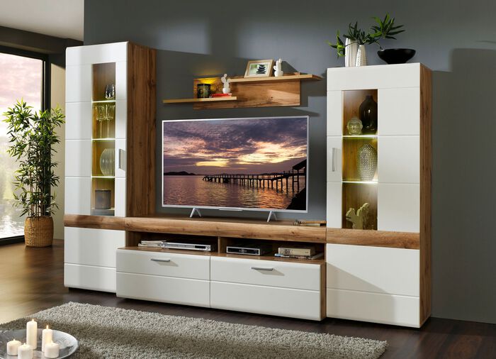 Wohnwand mit LED-Beleuchtung WEISS-EICHE