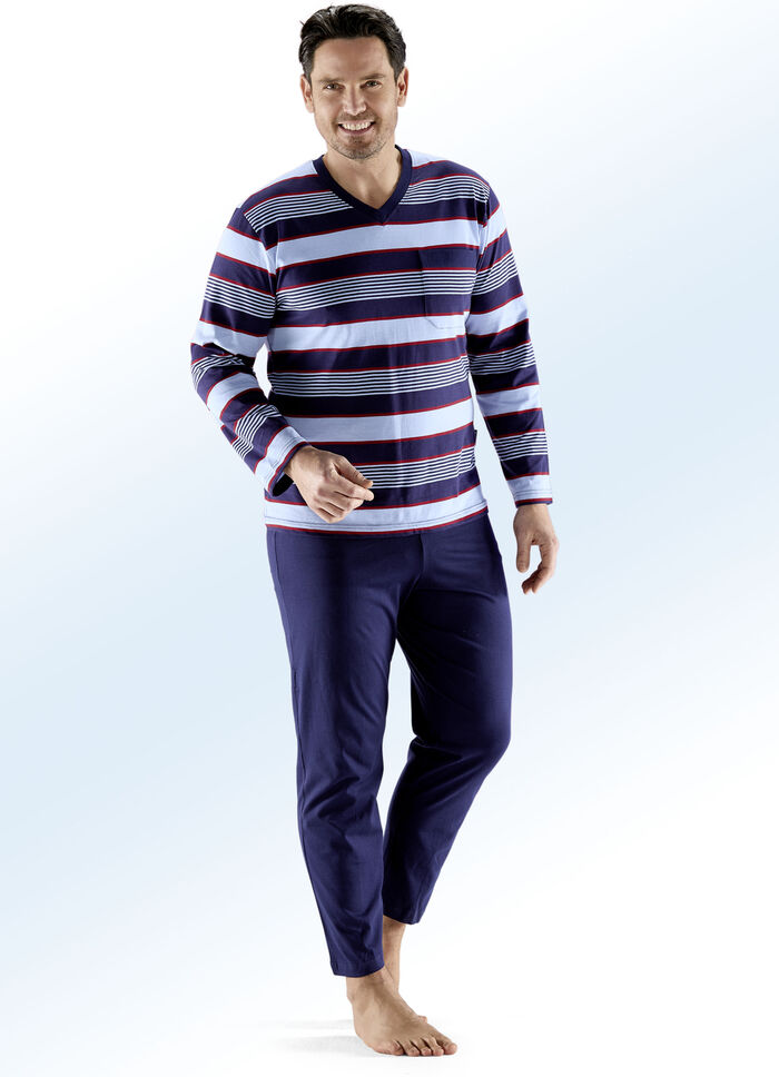 Zweierpack Schlafanzüge mit V-Ausschnitt, Brusttasche, garngefärbtem Ringeldessin 