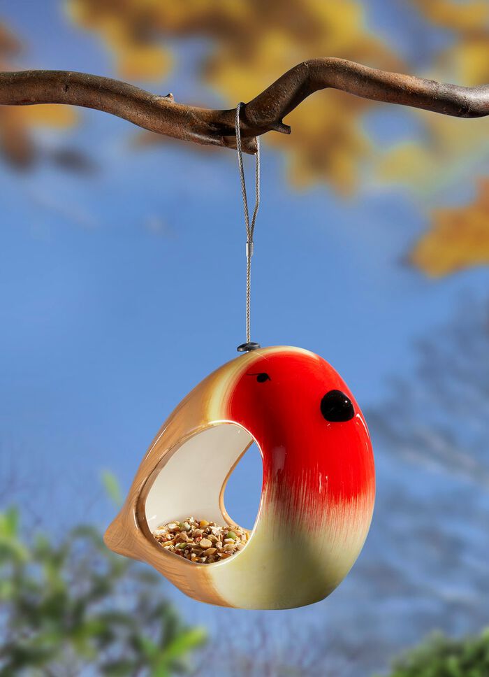 Handbemalte Futterstelle Vogel aus Keramik 