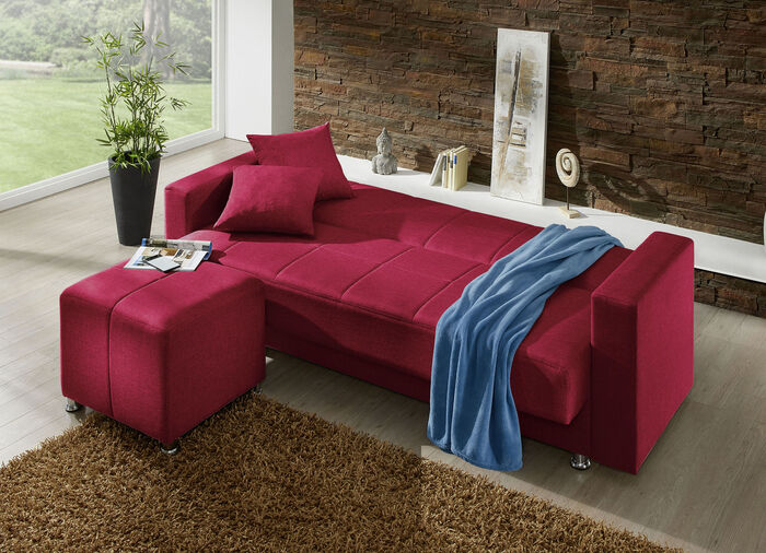 Klick-Klack-Sofa mit Hocker und Dekokissen ROT