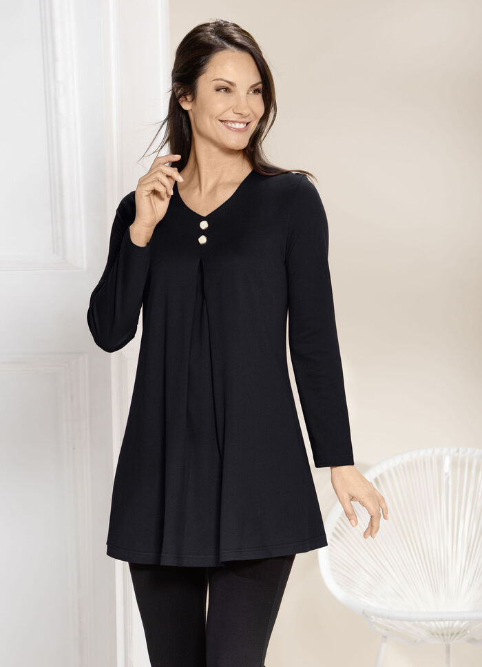 Longshirt mit Kellerfalte im Vorderteil in 2 Farben SCHWARZ