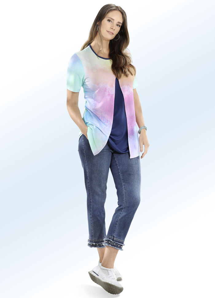 Jeans in 7/8-L&auml;nge mit Fransensaum und sch&ouml;ner Perlenzier 