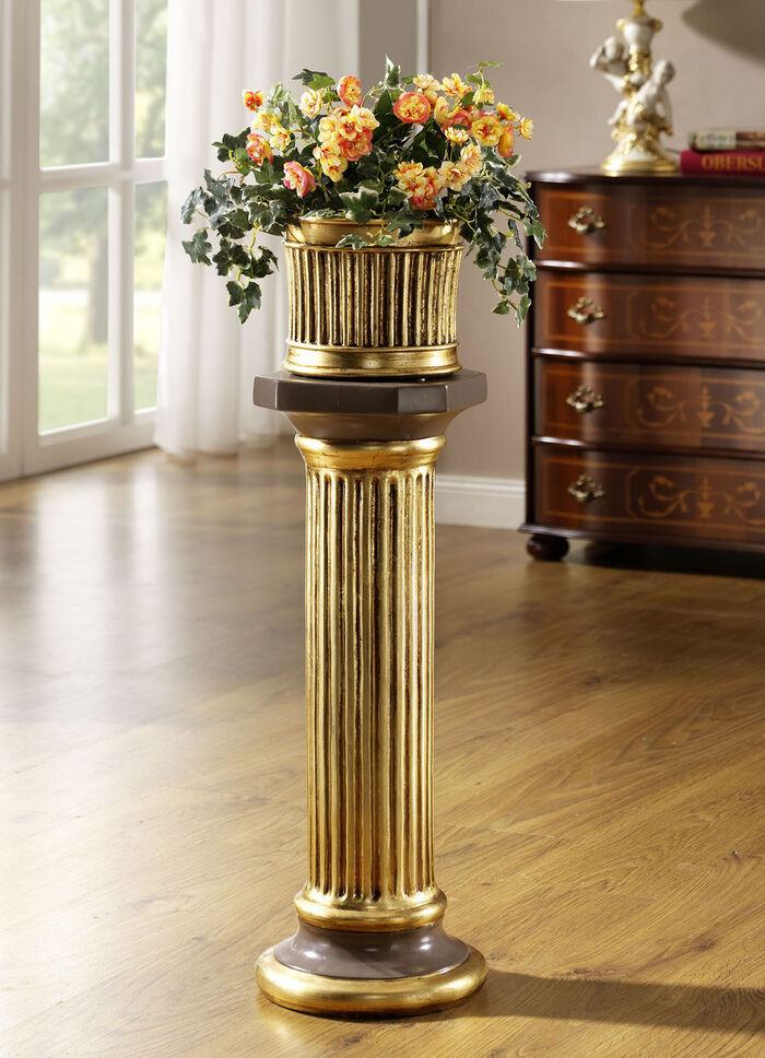 Handgefertigte und handbemalte Säule mit Übertopf BRAUN-GOLD