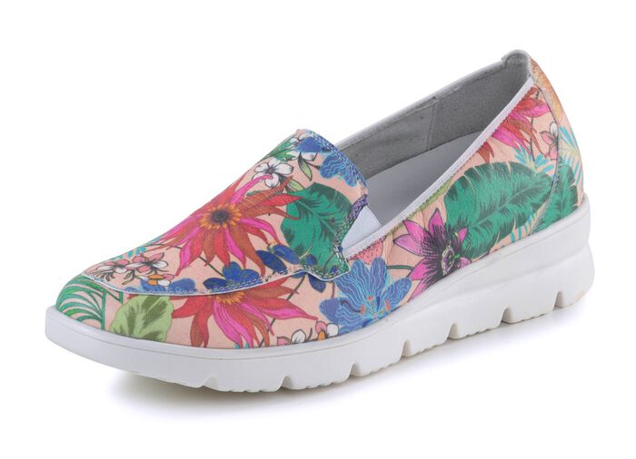 Waldl&auml;ufer Slipper aus beschichtetem, floral bedrucktem Textilmaterial 