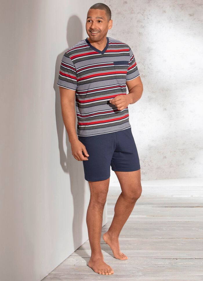 Shorty mit V-Ausschnitt, Brusttasche und garngef&auml;rbtem Ringeldessin 