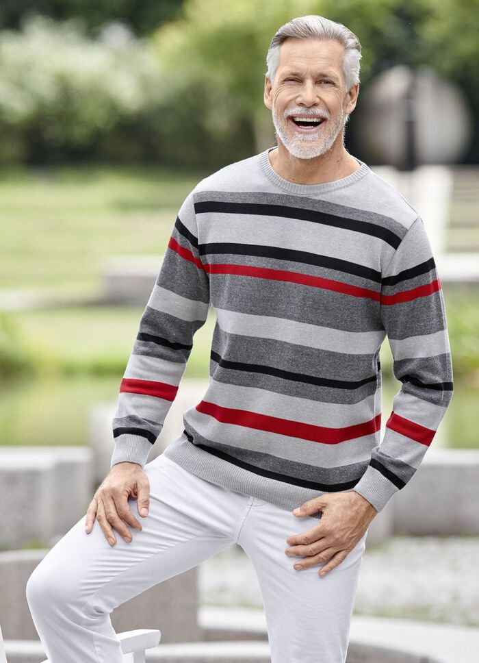 Modischer Rundhalspullover in 2 Farben GRAU-SCHWARZ-ROT