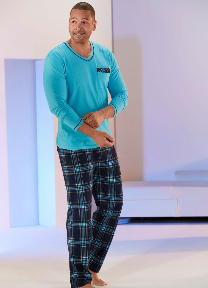Pyjama mit V-Ausschnitt, aufgesetzter Brusttasche und Karodessin 