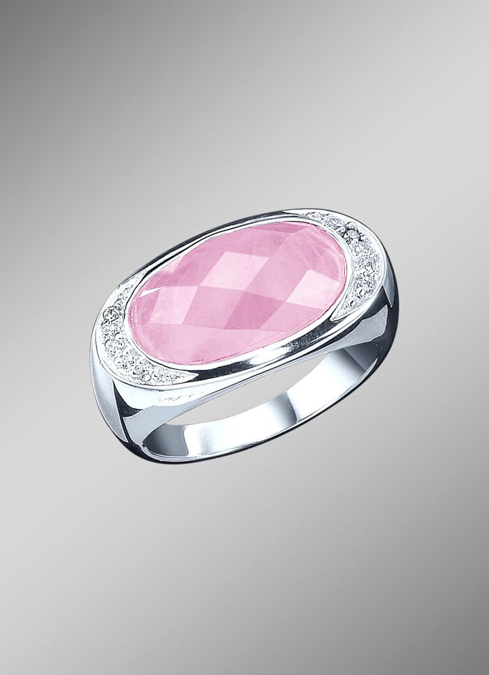 Damenring mit echt Rosenquarz und synthetische Zirkonia 