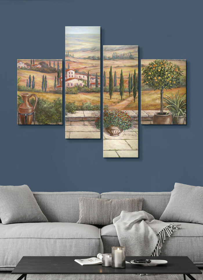 Bild, 4-teilig, mit dem Titel Terrasse in der Toskana 