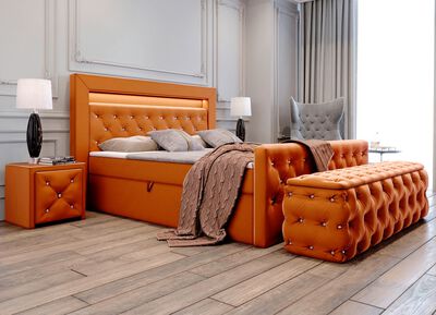 Boxspringbett mit LED-Beleuchtung, Topper und Nachttisch 