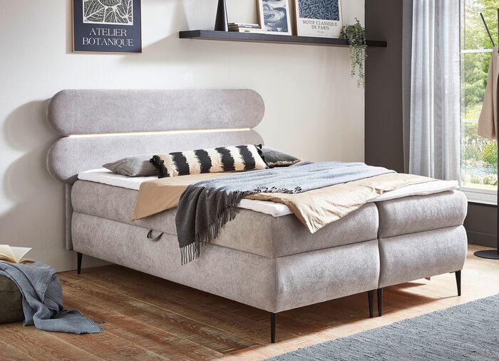 Boxspringbett mit LED-Beleuchtung und Topper GRAU