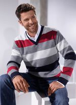 Pullover mit V-Ausschnitt MARINE-GRAU MELIERT-DUNKELROT