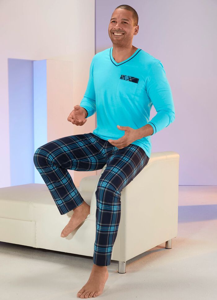 Pyjama mit V-Ausschnitt, aufgesetzter Brusttasche und Karodessin 