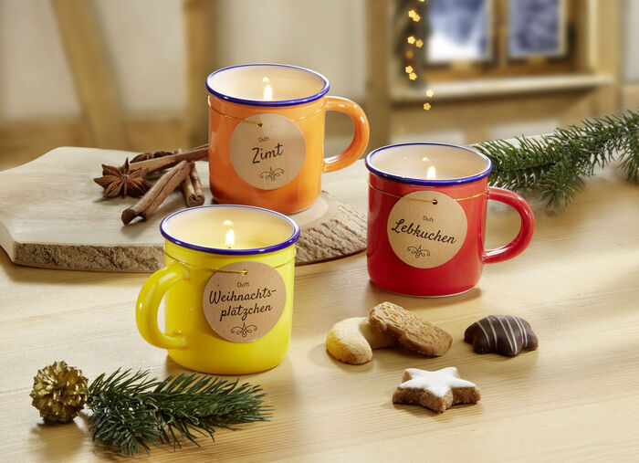 Weihnachtsduftkerzen, 3er-Set, in Keramiktassen 