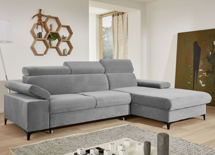 Polsterecke mit Bettfunktion, verstellbaren Kopfstützen und Armlehnen GRAU
