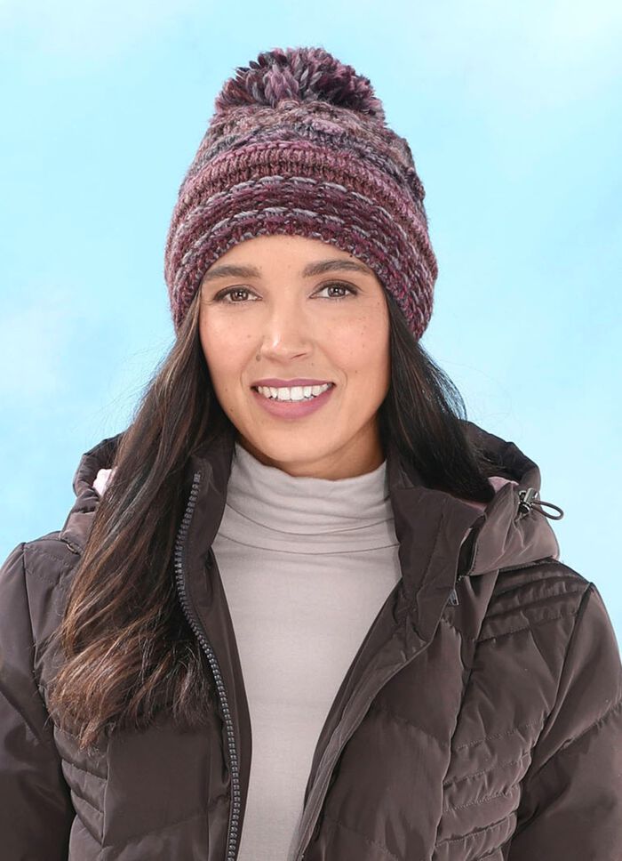 Grobstrick-M&uuml;tze mit Woll-Bommel BORDEAUX-ROSA