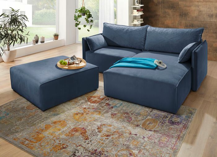 Polsterecke mit Bettfunktion und Hocker BLAU
