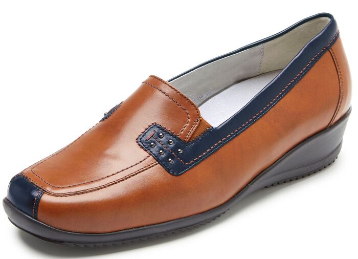 Waldl&auml;ufer, bequeme Damen-Slipper, Weite H, mit herausnehmbarem Fussbett COGNAC-BLAU