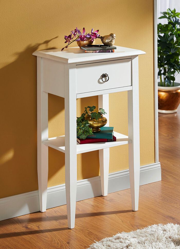 Teilmassiver Beistelltisch mit Schubade und Ablage ANTIKWEISS