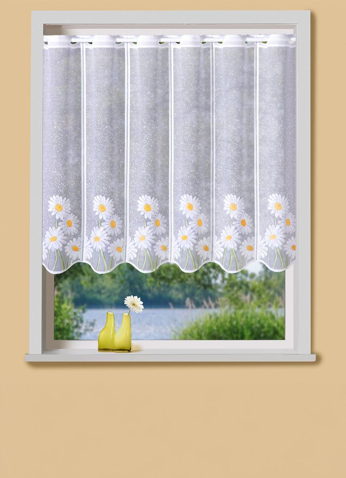 Kurzvorhang mit Stangendurchzug und gebogtem Abschluss WEISS-BUNT