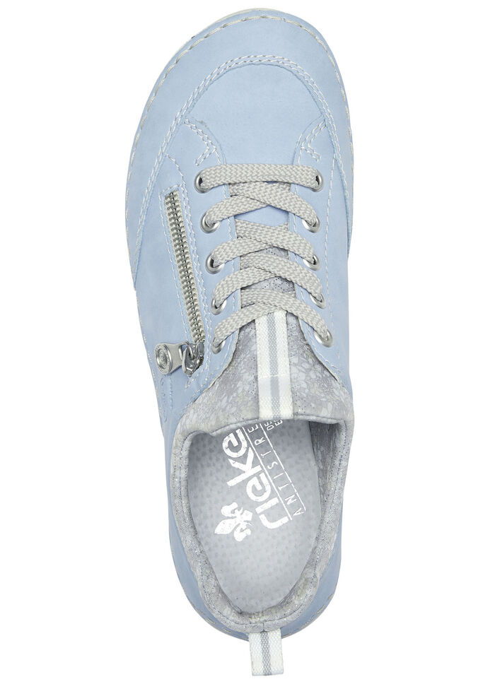 Rieker Schn&uuml;rschuh aus floral bedrucktem Textilmaterial mit Metallicschimmer HELLBLAU-GRAU