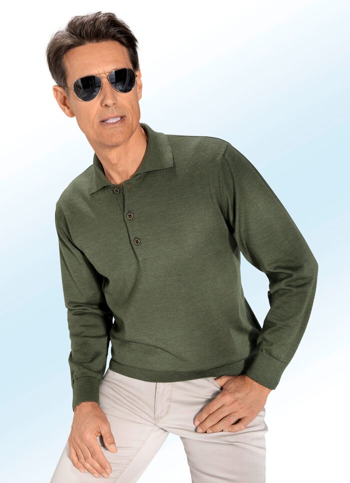 Polopullover mit kurzer Knopfleiste in 4 Farben OLIV MEL.