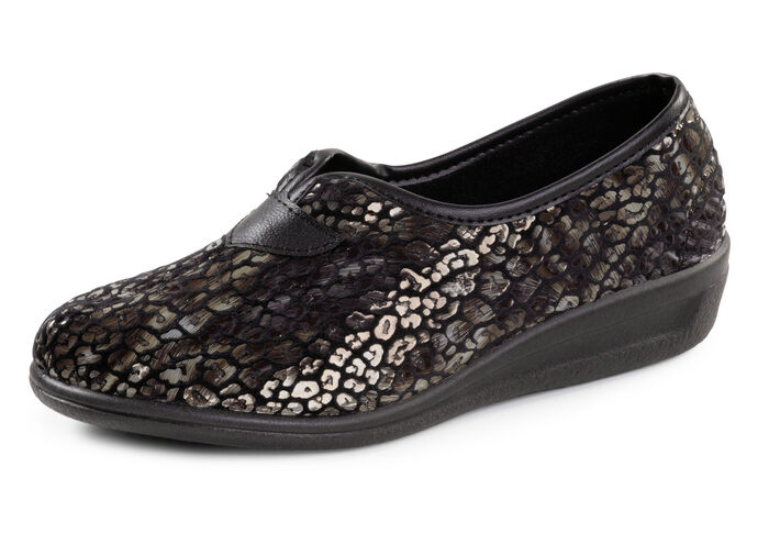 Hausschuh aus bedrucktem Samt in Leo-Muster SCHWARZ-BRONZE