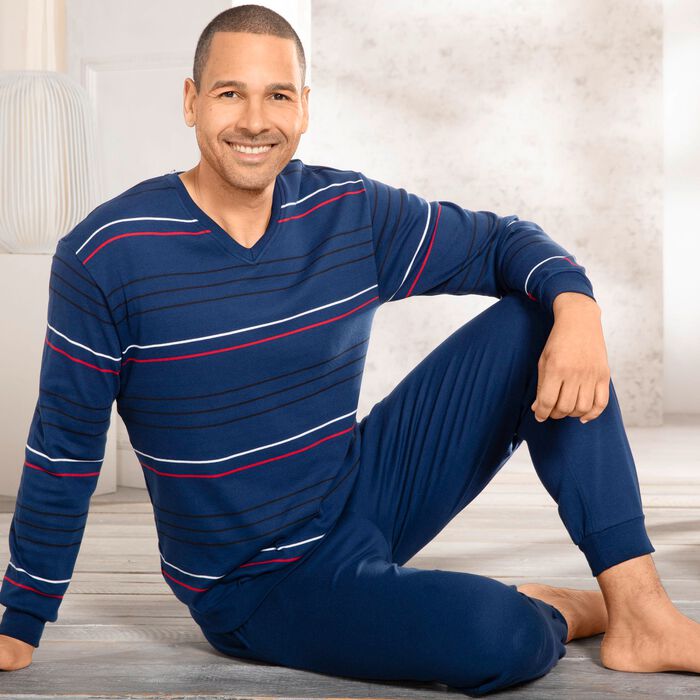 Interlock-Schlafanzug mit V-Ausschnitt und B&uuml;ndchenabschl&uuml;ssen 