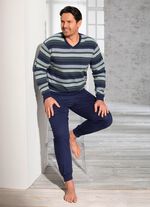 Pyjama mit B&uuml;ndchenabschl&uuml;ssen, V-Ausschnitt und garngef&auml;rbtem Ringeldessin 