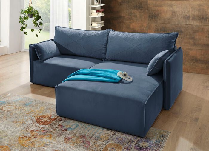 Polsterecke mit Bettfunktion und Hocker BLAU