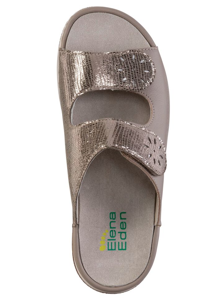 ELENA EDEN, bequeme Damen-Pantoletten, Weite H, mit herausnehmbarem Fussbett TAUPE-ANTIKBRONZE