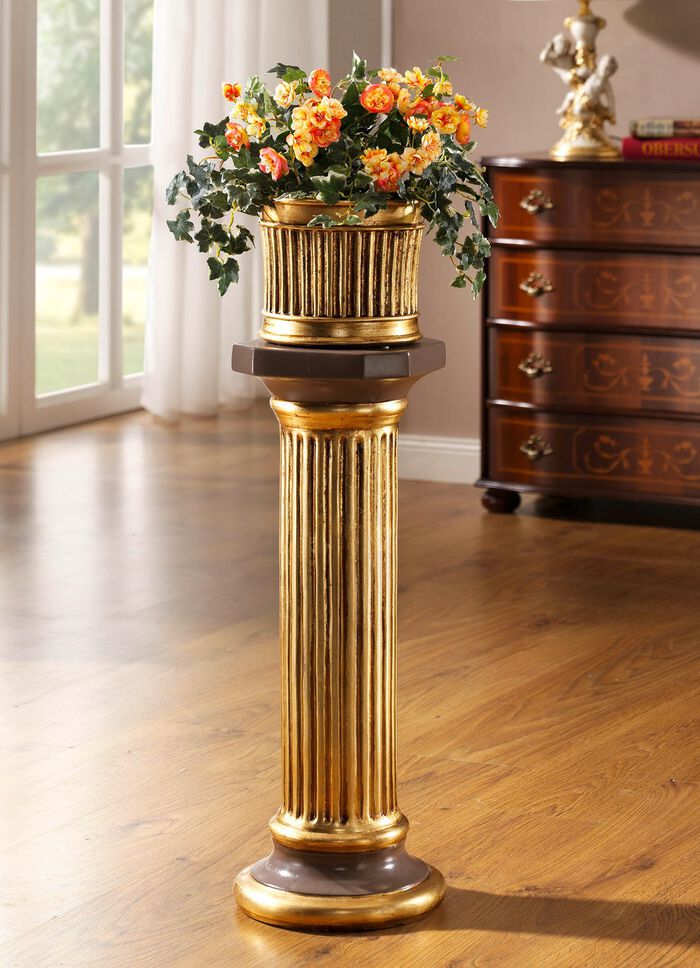 Handgefertigte und handbemalte S&auml;ule mit &Uuml;bertopf BRAUN-GOLD