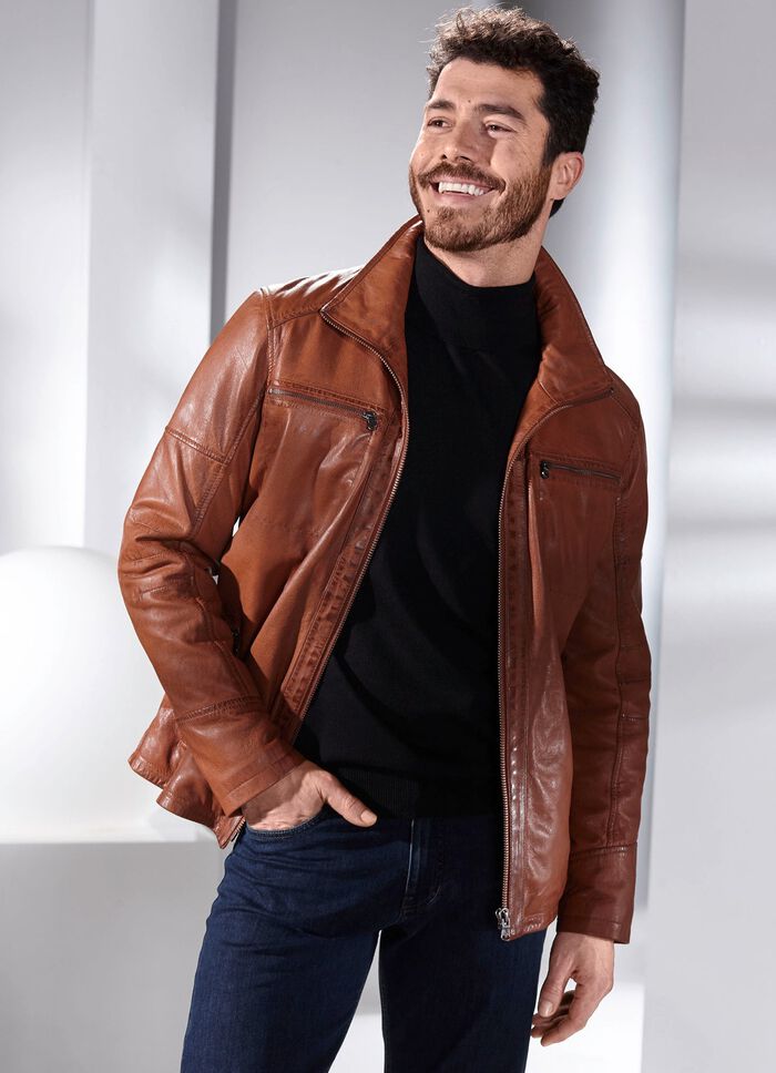 Lederkurzjacke mit Stehumlegekragen ANTIKCOGNAC