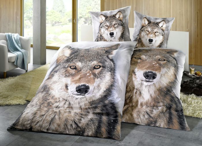 Bettw&auml;sche-Garnitur mit Druckmotiv &laquo;Wolf&raquo; 