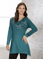 Longshirt mit effektvoller Strasszier in 2 Farben PETROL