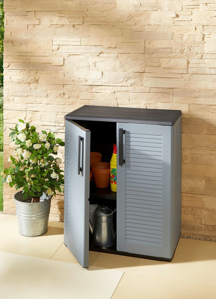 Gartenschrank in Lamellenoptik GRAU-SCHWARZ